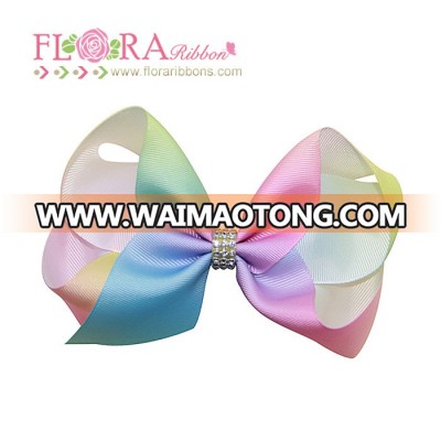 Wholesale 8 inch rainbow jojo hair bows with rhinestone in center